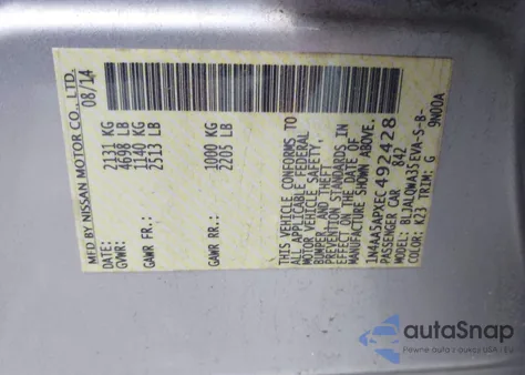 2014 Nissan Maxima 3.5 S/3.5 Sv z USA, uszkodzony, nr VIN 1N4AA5APXEC492428